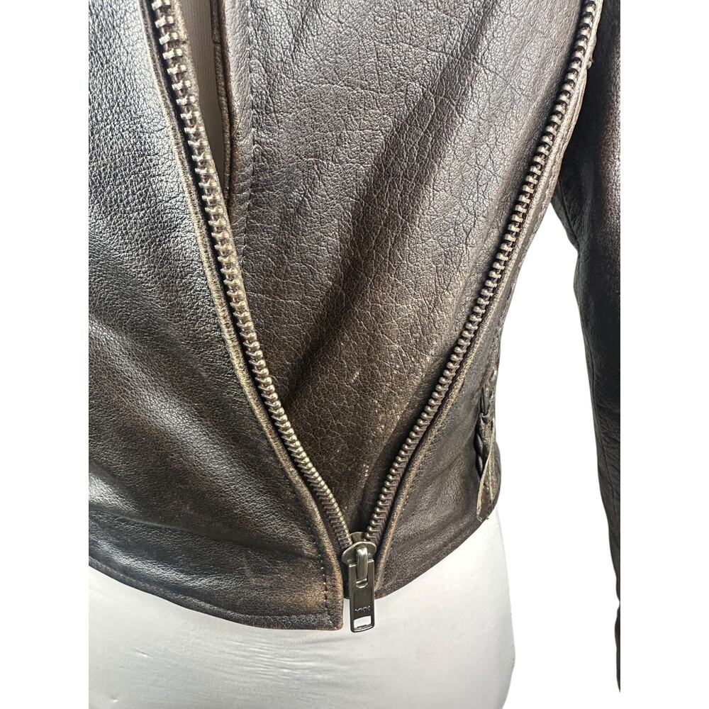 Unik Distressed Brown Leather Braided Moto Motorcycle Jacket Cross Zip Size XS - Picture 7 of 16